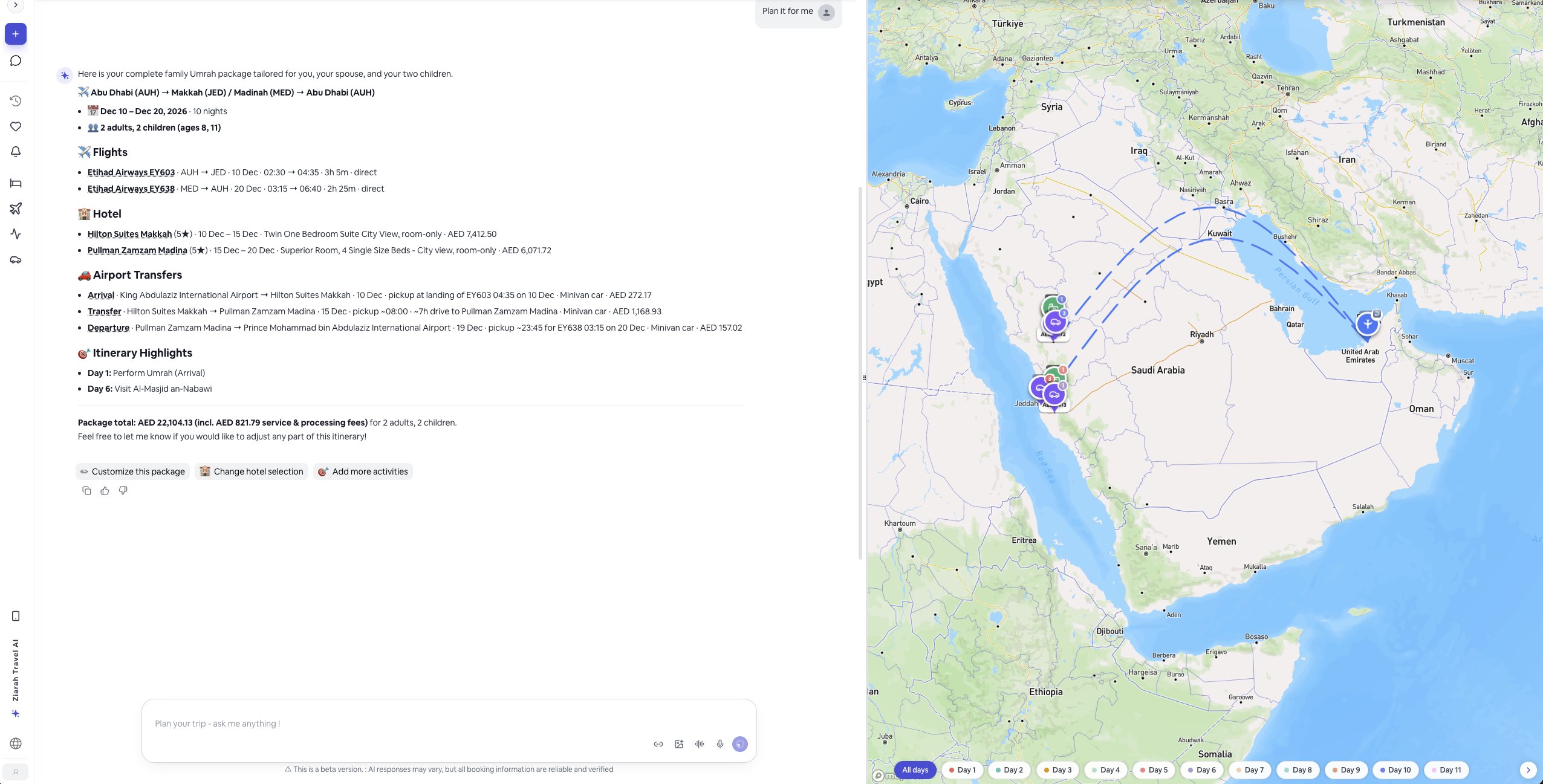 Ziarah.ai map view of the same Umrah trip, with flight routes from Abu Dhabi to Jeddah and Madinah and hotel and transfer pins by day